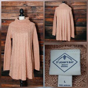 St Johns Bay Tunic Sweater Size L Pink Cable Knit Cowl Neck Long